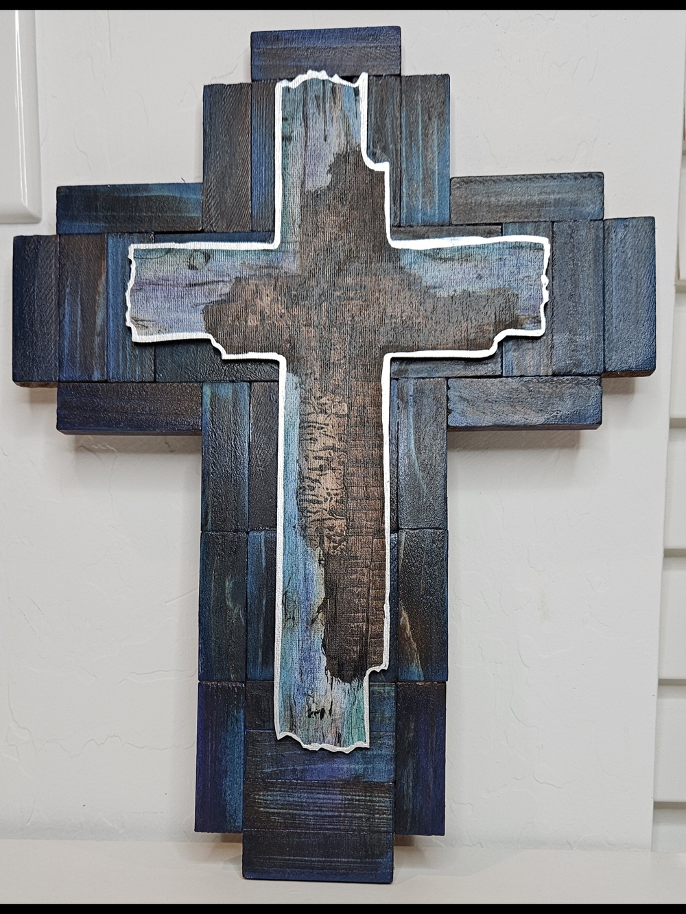 Handcrafted Blue & Brown Wooden Cross Wall Decor - Picture 5 of 10